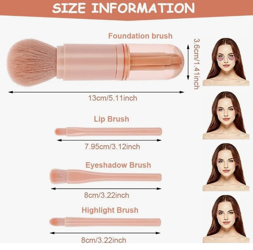 RUKI 4in1 Makeup Brushes Travel Set Retractable Kabuki Brush and 3 Brushes For Eyes With Soft Portable Cosmetic Brushes Set