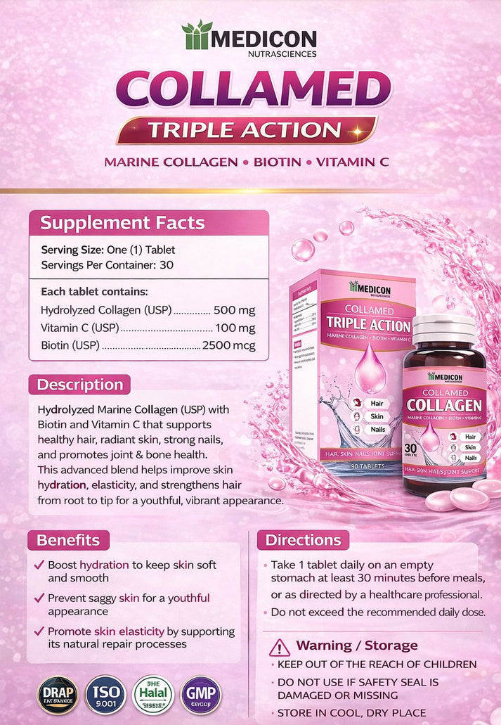 Pack of 3 Collamed Collagen Supplement Marine Collagen + Biotin + Vitamin C for Skin Glow, Hair Growth, & Reduce Wrinkles & Aging 90 Tablets