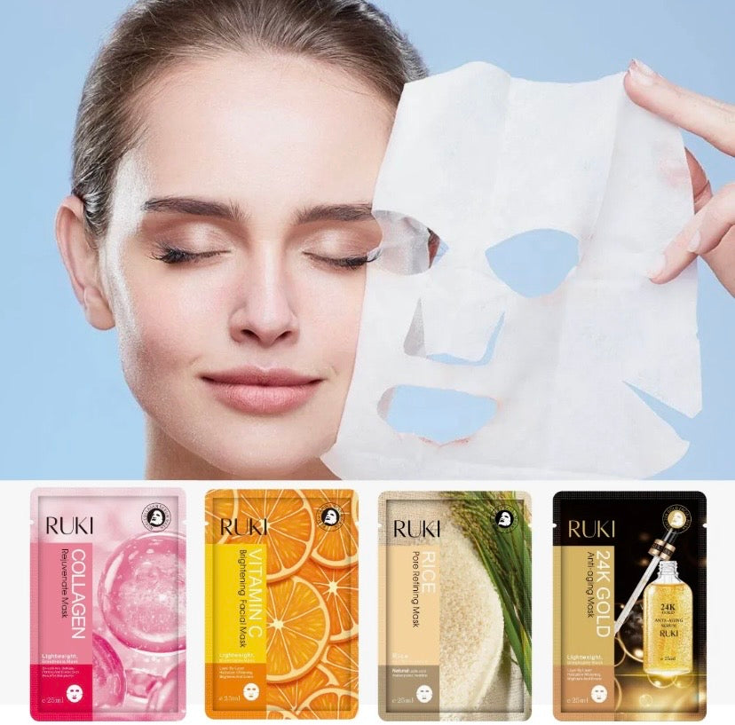 Korean Face Mask Pack of 8 PCS RUKI Sheet Mask Moisturizing Facial Mask Rice, Hydrating, Gold 4K, Collagen, Vitamin C, Skin Care Mask