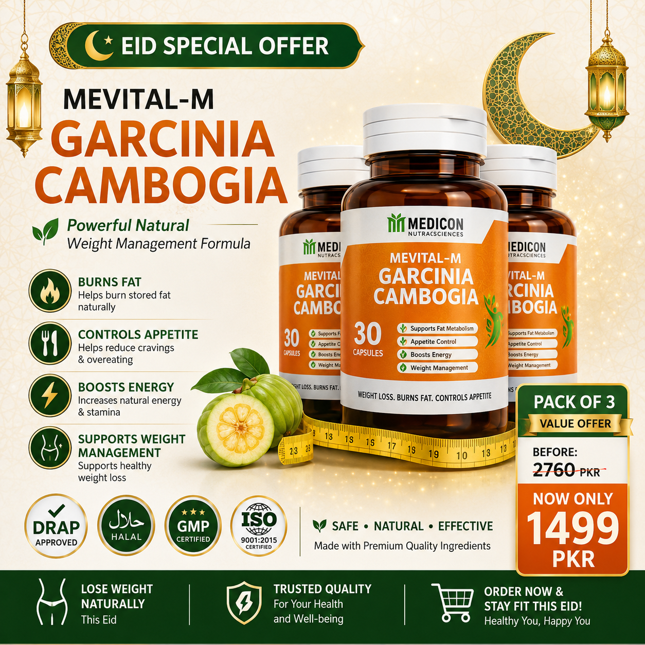 PACK OF 3 Mevital-M Garcinia Cambogia Capsules For (Loss Weight, Burns Fat, Control Appetite) 90 Capsules
