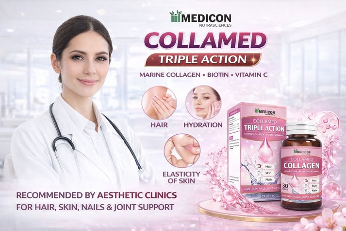 Pack of 3 Collamed Collagen Supplement Marine Collagen + Biotin + Vitamin C for Skin Glow, Hair Growth, & Reduce Wrinkles & Aging 90 Tablets