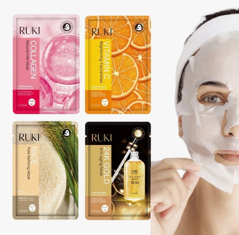 Korean Face Mask Pack of 8 PCS RUKI Sheet Mask Moisturizing Facial Mask Rice, Hydrating, Gold 4K, Collagen, Vitamin C, Skin Care Mask