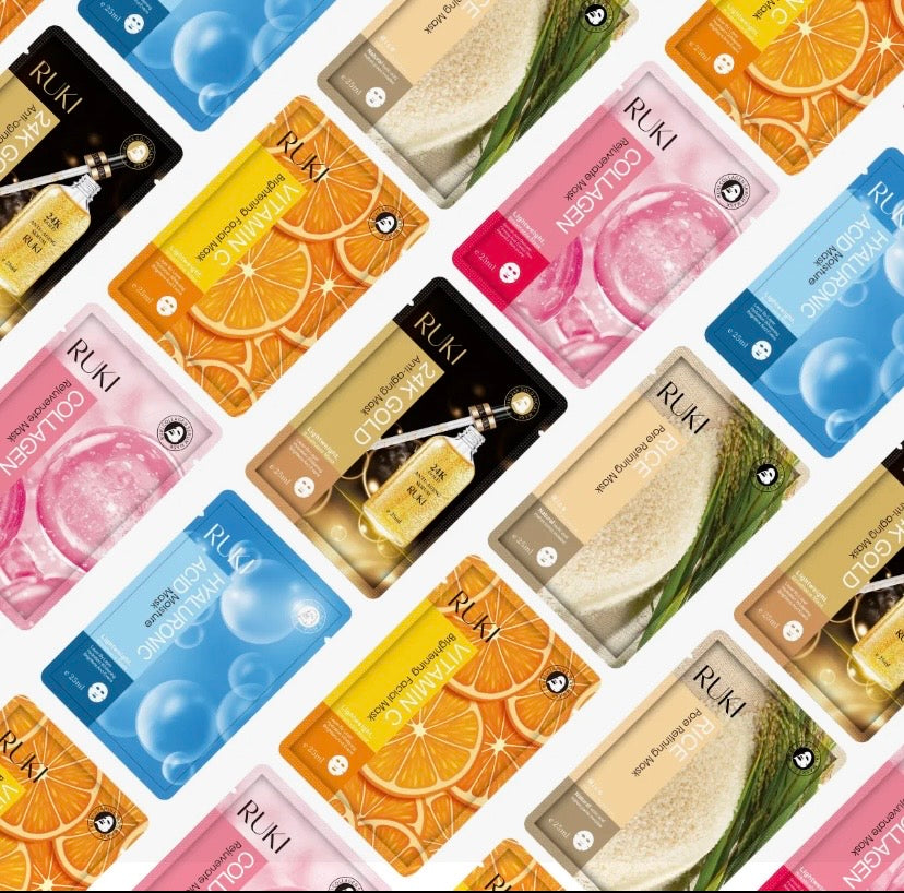 Korean Face Mask Pack of 8 PCS RUKI Sheet Mask Moisturizing Facial Mask Rice, Hydrating, Gold 4K, Collagen, Vitamin C, Skin Care Mask