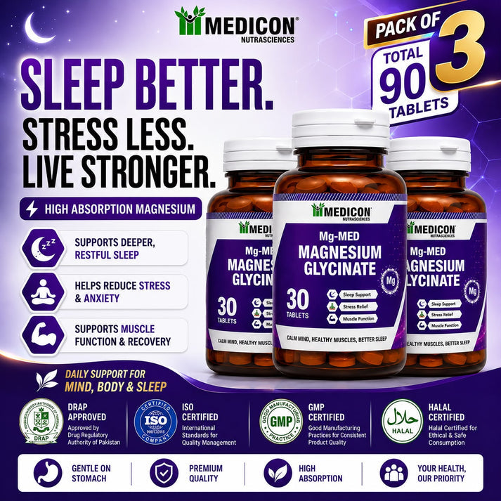 Pack of 3 Mg-MED Magnesium Glycinate 90 Tablets – Magnesium Supplement for Sleep Support, Stress Relief, Muscle Function & Relaxation