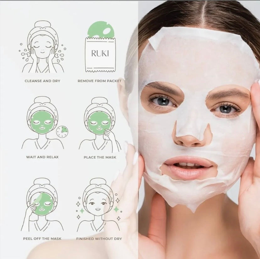 Korean Face Mask Pack of 8 PCS RUKI Sheet Mask Moisturizing Facial Mask Rice, Hydrating, Gold 4K, Collagen, Vitamin C, Skin Care Mask
