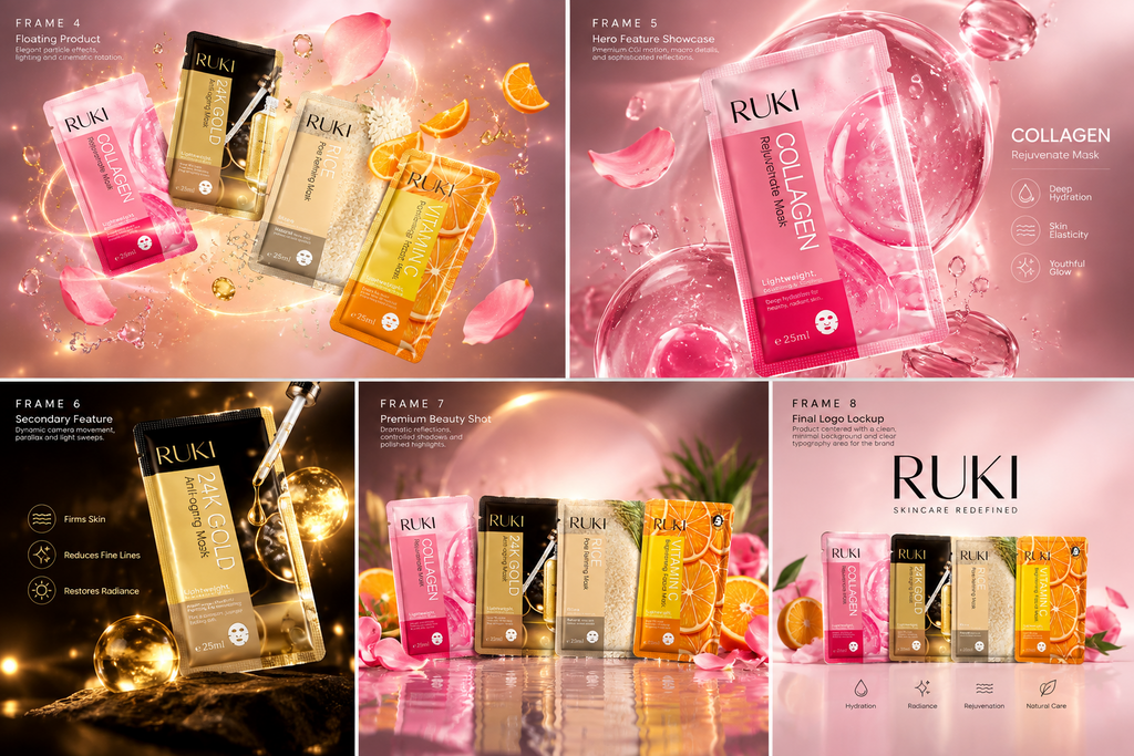 Korean Face Mask Pack of 8 PCS RUKI Sheet Mask Moisturizing Facial Mask Rice, Hydrating, Gold 4K, Collagen, Vitamin C, Skin Care Mask