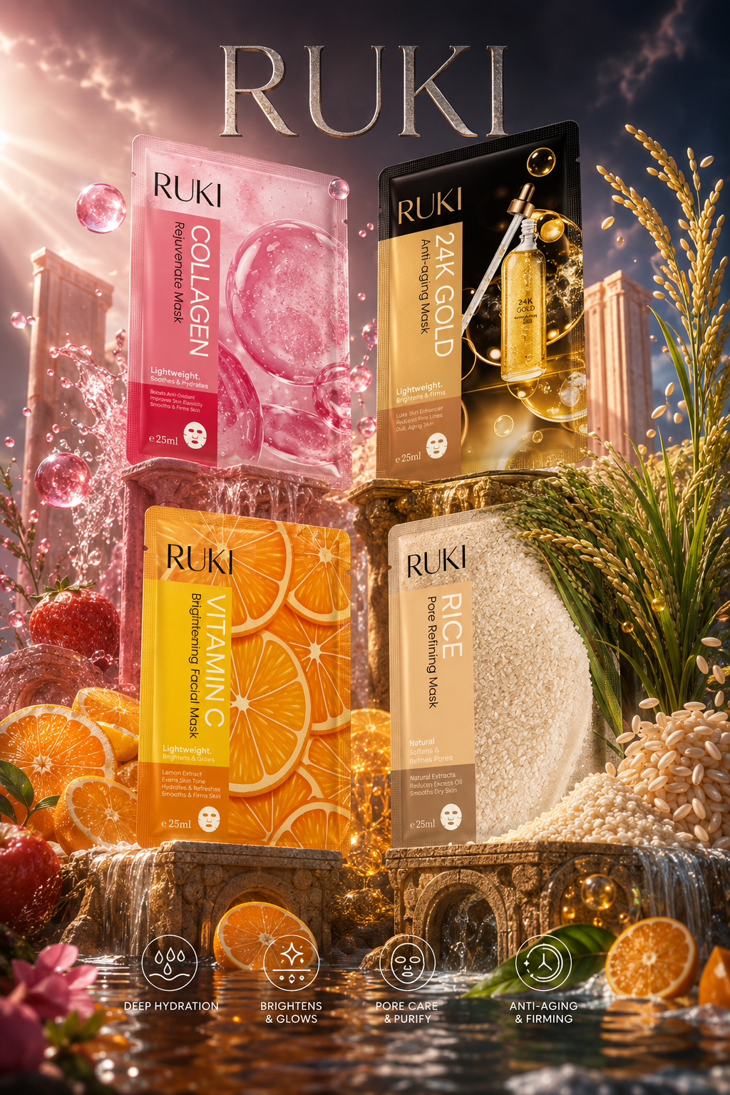 Korean Face Mask Pack of 8 PCS RUKI Sheet Mask Moisturizing Facial Mask Rice, Hydrating, Gold 4K, Collagen, Vitamin C, Skin Care Mask