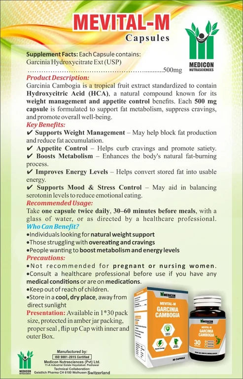 PACK OF 3 Mevital-M Garcinia Cambogia Capsules For (Loss Weight, Burns Fat, Control Appetite) 90 Capsules