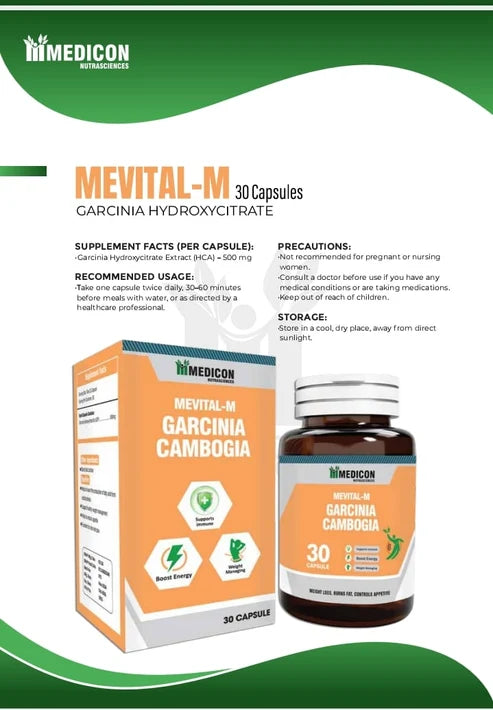 PACK OF 3 Mevital-M Garcinia Cambogia Capsules For (Loss Weight, Burns Fat, Control Appetite) 90 Capsules