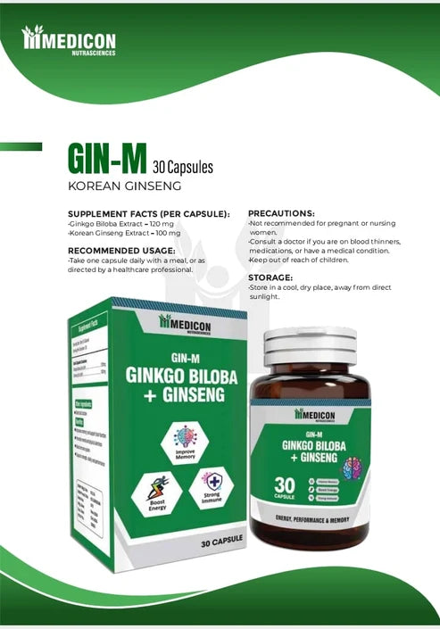 GIN-M (Ginkgo Biloba): Pack of 3 Boost Energy, Strengthen Immunity, and Enhance Memory Naturally 90 Capsules