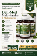 PACK OF 3 Deli-Med Multi-Vitamins & Minerals (Immunity, Energy Realse, Vitality, Skin & Hair 90Tablets