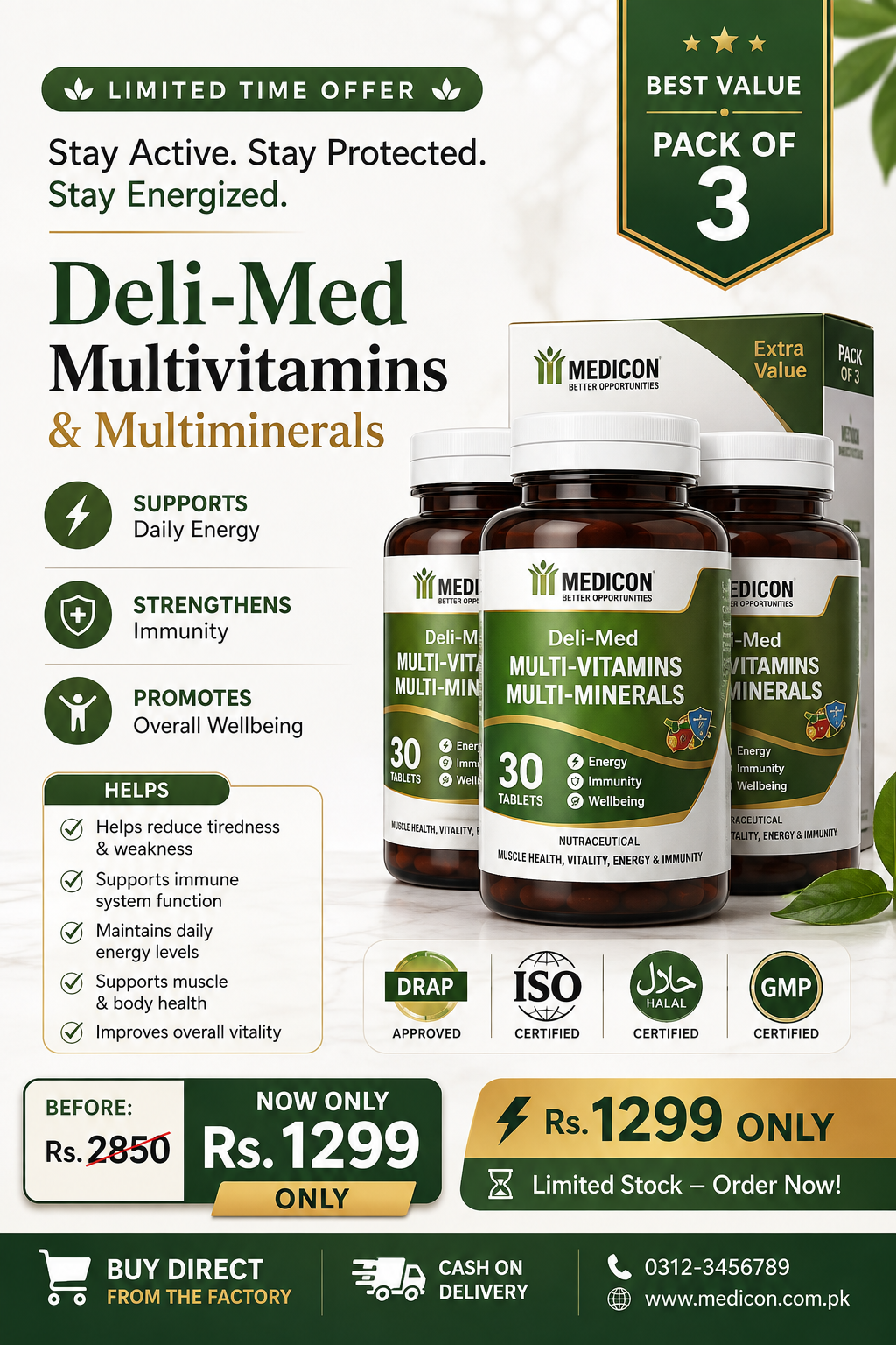 PACK OF 3 Deli-Med Multi-Vitamins & Minerals (Immunity, Energy Realse, Vitality, Skin & Hair 90Tablets