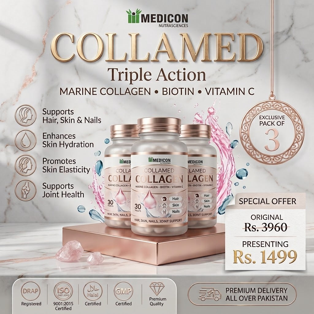 Pack of 3 Collamed Collagen Supplement Marine Collagen + Biotin + Vitamin C for Skin Glow, Hair Growth, & Reduce Wrinkles & Aging 90 Tablets